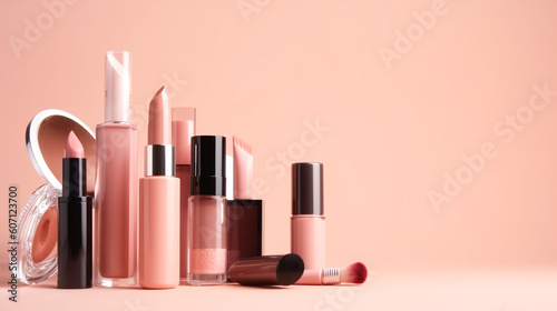 Makeup cosmetics, foundation, lipstick, highlighter, blush, eye shadow, in various jars, tubes and packages, beige background Generative AI