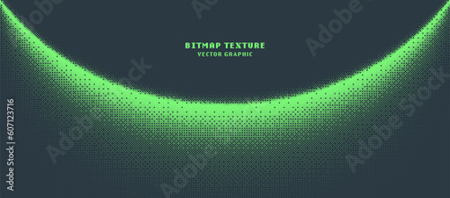 Dither Pattern Bitmap Texture Semicircle Border Vector Wide Abstract Background. 8 Bit Pixel Art Retro Video Arcade Game Green Backdrop. Glitch Screen With Flicker Pixels Effect Panoramic Illustration