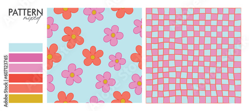 Samba Design: Set Seamless Pattern (plaid and flowers).