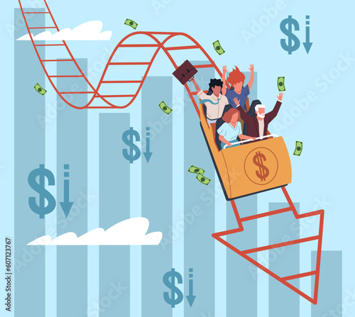 Financial crisis on roller coasters. Economical bankruptcy, businessmen fly down in attraction trailer, money loss, investment failure. Cartoon flat isolated illustration, nowaday vector concept