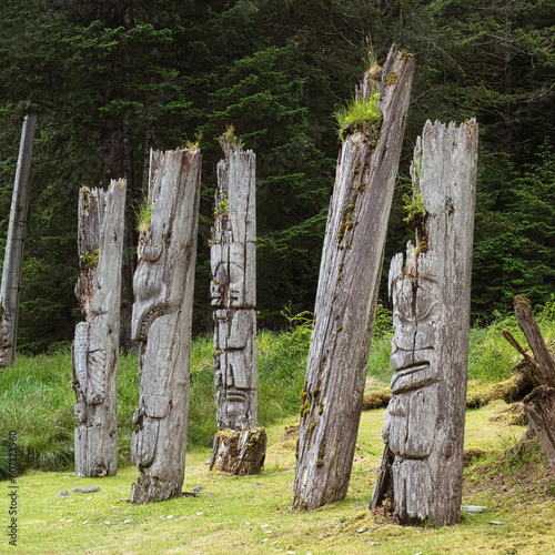 Totem poles in Haida Gwaii, British Columbia, Canada. World Heritage site.