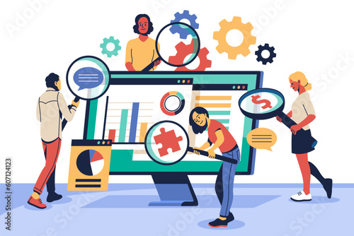 People with magnifying glass concept. Young development team is investigating application for bugs, thorough inspection process, search information tidy vector cartoon flat illustration