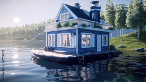 A houseboat floating on top of a body of water. AI generative. Tiny house illustration. photo