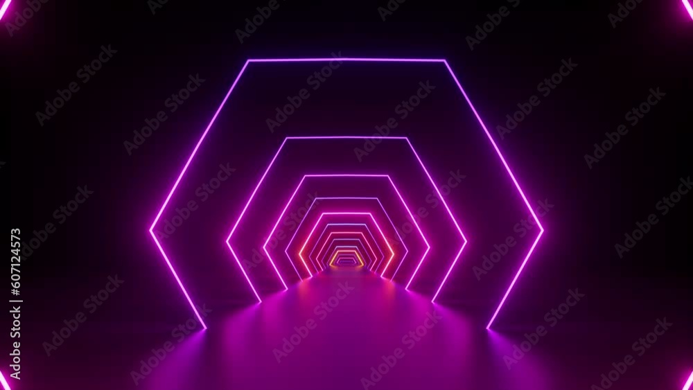 abstract looping 3d animation, movement forward the endless neon hexagonal tunnel with spinning geometric linear frames and reflection on the ground. Futuristic podium