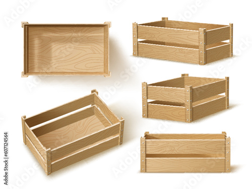 Realistic wooden crates. 3d warehouse containers, empty box for fruits and vegetables in different angles, top and front view, warehouse equipment, 3d isolated elements, utter vector set