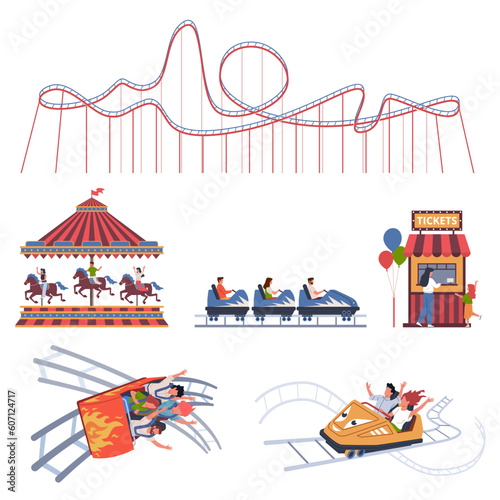 Roller coaster. Amusement park elements, happy visitors in trailers, men and women on carousel, ticket office, parents with children. Cartoon flat isolated illustration. Nowaday vector set