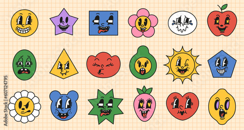 Shapes with retro faces. Funny emotional characters, old cartoon style, rubber facial expressions, happy color mascots, happy and surprised emoji, comic heart, flower and star, tidy vector set