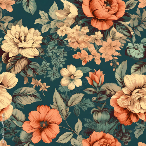 Vintage Floral and Flowers Seamless Pattern for fabric, paper, print, digital. Generative AI