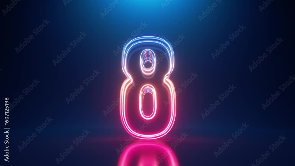 3d VJ loop motion. Top ten countdown animation. Neon numbers from 10 to 1, spin and rotate, glow in the dark
