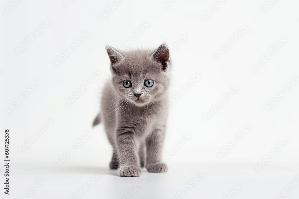 cute fluffy gray kitten on white background