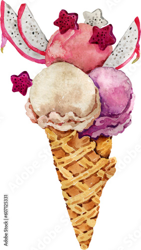 Watercolor ice cream. Waffle cone, scoops, frozen dragon fruit, gelato illustration. Sweet, organic, tasty, delicious dessert, fresh, juicy cold food. Holyday, vacation.Print, menu design, flyer, card