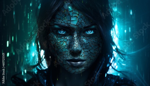 Girl Hacker in a dark mask, a computer genius and a cyber criminal on the background of symbols. Generative AI photo