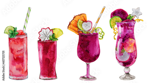 Watercolor cocktail margarita, mojito, sangria, slushy drinks illustration. Alcoholic, non-alcoholic drinks, beverage. Summer cocktail bar. Hand drawn cocktail party menu design, flyer, card, print