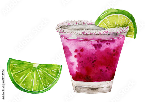 Watercolor cocktail margarita, mojito, sangria, slushy drinks illustration. Alcoholic, non-alcoholic drinks, beverage. Summer cocktail bar. Hand drawn cocktail party menu design, flyer, card, print