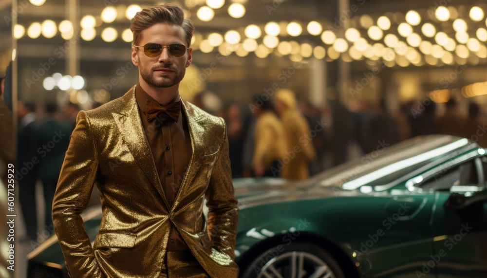 The image of a rich and spoiled young businessman in an expensive gold suit against the backdrop of a sports car, a male official from politics. Generative AI