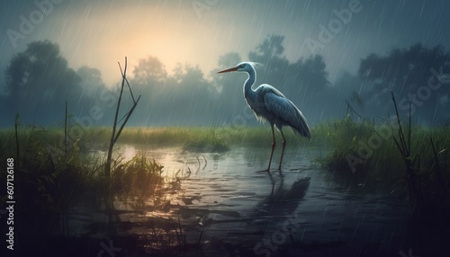 Wildlife, beautiful gray heron or stork hunts for fish in the lake. Generative AI. photo