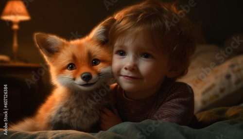 Portrait of a happy child, cuddling with a red tame fox. Generative AI