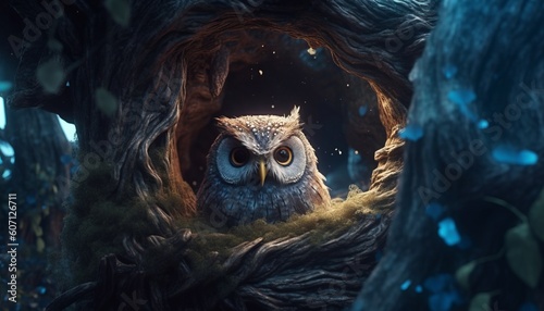 A predatory gray owl sits in a hollow at night. Generative AI © Ренат Хисматулин