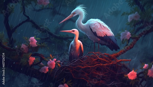Amazing wildlife, beautiful heron, stork in a nest with chicks, in a swamp with pink flowers. Generative AI.