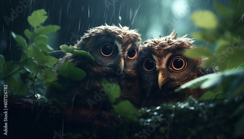 Cute and funny family of beautiful owls in the hollow at night. Generative AI © Ренат Хисматулин