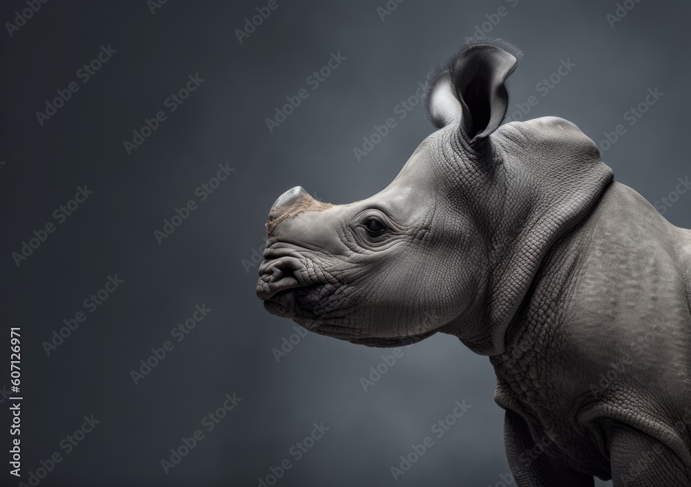Portrait of a young african rhino on a grey background. Use for wallpaper, poster, calendar, children's book, illustration, decorative