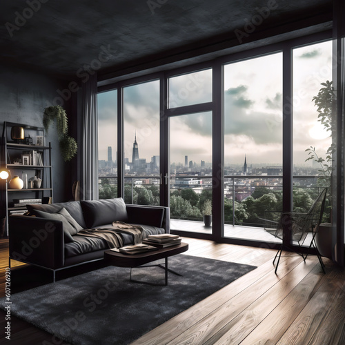 AI Generated image of modern dark apartment with big windows and beautiful outdoor scenery