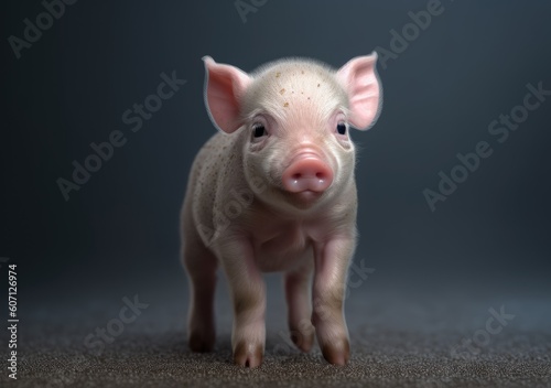 Happy young pig poses in the studio, an illustration of small cute domestic animals. 