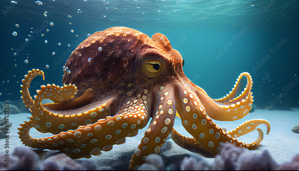 Endangered Octopus cruises in the warm water under sea Ai generated