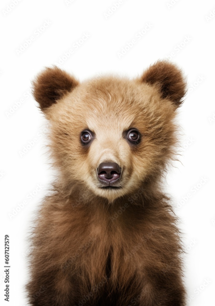 Portrait of a young brown bear baby on a white background, an illustration of small wild animals