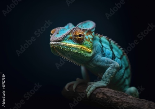 Closeup portrait of cute, colorful and funny chameleon on a tree branch with dark background. For poster, banner, marketing use