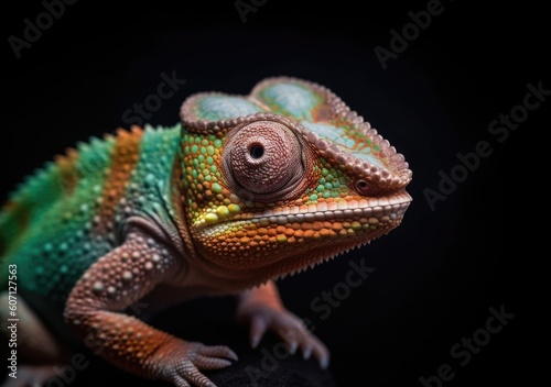 Closeup portrait of cute, colorful and funny chameleon on dark background. For poster, banner, marketing use
