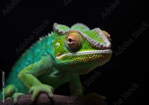 Portrait of a beautiful small young chameleon, green lizard with dark background, For calendar, banner, illustration, poster, decorative © TKL
