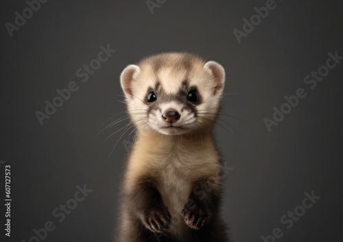 Portrait of a young cute black-footed ferret baby with grey background. Ideal use for wallpaper, children's book, illustration, poster, banner, copy-space, calendar