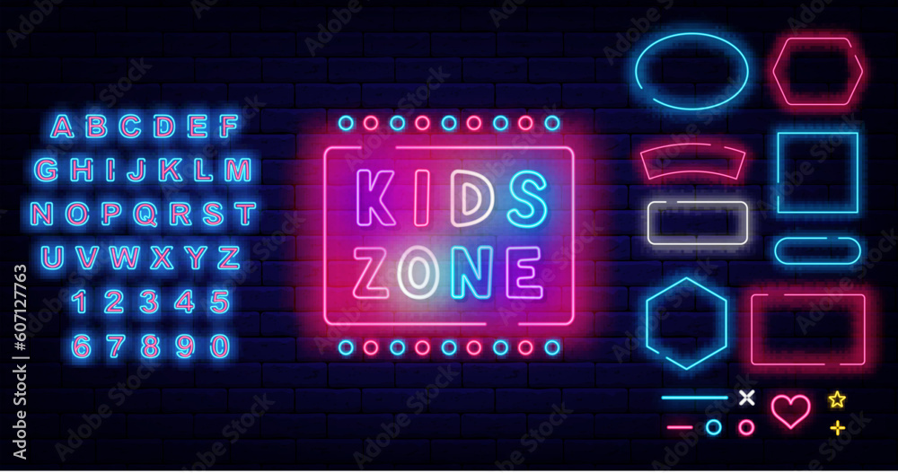 Kids zone neon label. Play room. Simple signboard. Glowing advertising. Shiny blue alphabet. Vector illustration