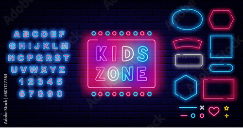 Kids zone neon label. Play room. Simple signboard. Glowing advertising. Shiny blue alphabet. Vector illustration
