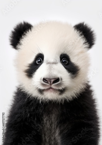 Closeup of a young panda looking into camera, an illustration of a cute fluffy, loveable animals in white background 