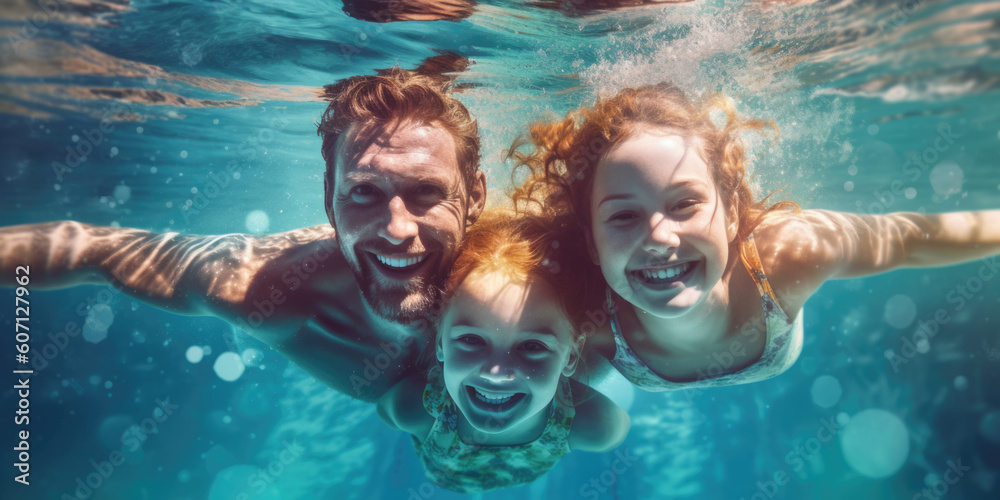 Father and daughters swimming underwater in the pool. - obrazy, fototapety, plakaty 