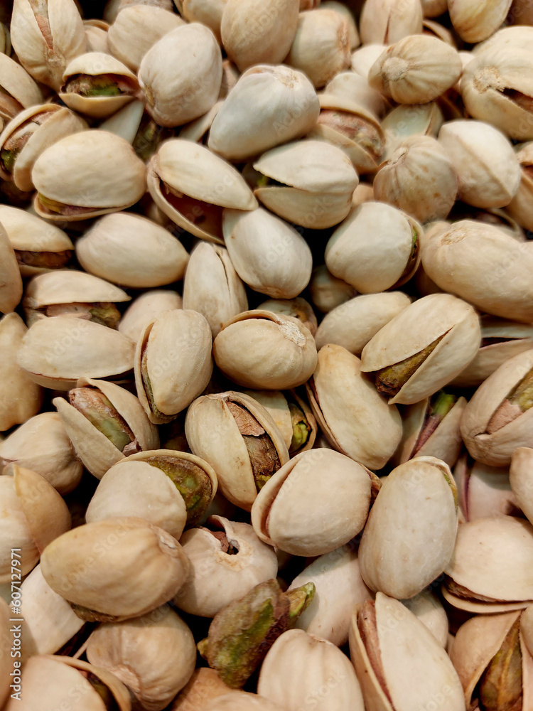 pistachios with bulk shell viewed from above