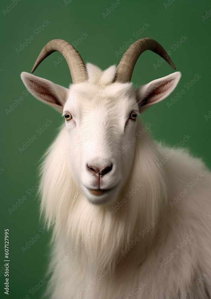 portrait of young mountain goat on a green background, studio shots, an illustration of domesticated animals portrait of young mountain goat on a green background, studio shots, an illustration of domesticated animals