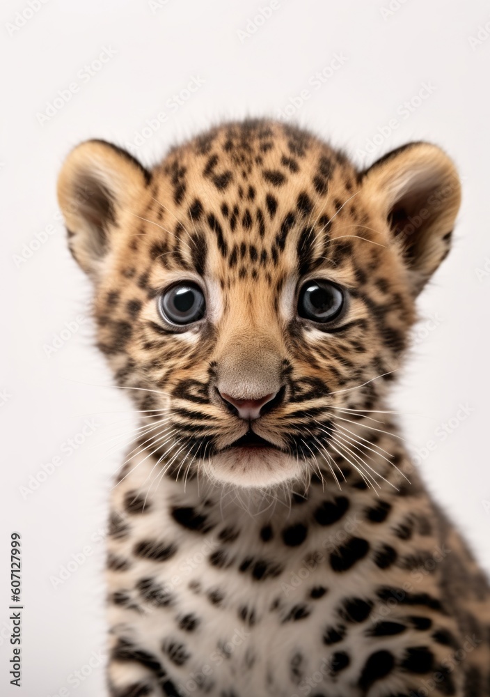 Closeup portrait of a young jaguar baby on a white background Closeup portrait of a young jaguar baby on a white background