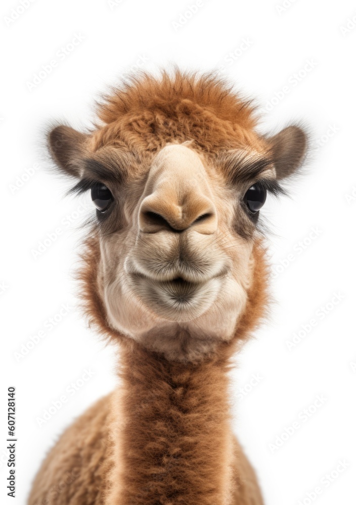 Fototapeta premium Adorable, cute portrait of young camel baby on a white background, an illustration of small wild animals