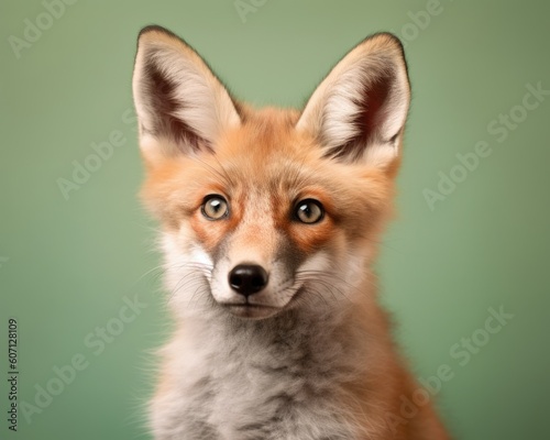 Portrait of young fox on a green background, an illustration of adorable wild animals