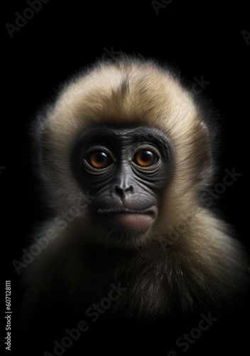 Portrait of young gibbon baby on a dark background, an illustration of adorable wild animals