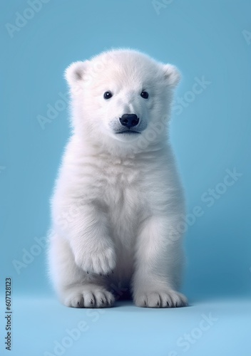 Portrait of a young and cute polar bear on blue background
