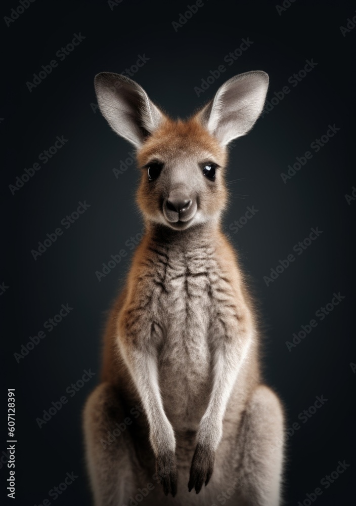 Fototapeta premium Adorable, cute young kangaroo baby on dark background, an illustration of small wild animals