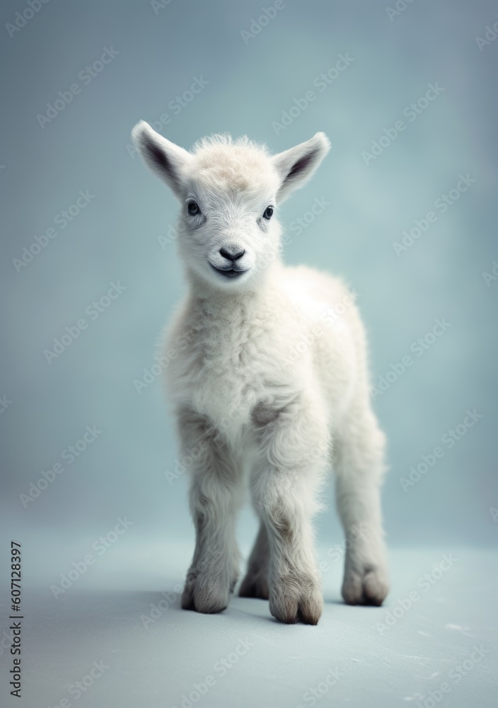 Fototapeta premium Young and adorable mountain goat baby with furry hairs standing on white background