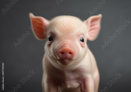 Portrait of a young baby pig, cute pig baby poses in front of camera with grey background.