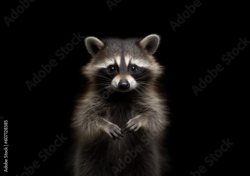 Portrait of a young raccoon against dark background