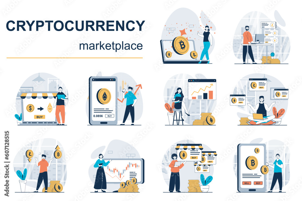 Cryptocurrency marketplace concept with character situations mega set. Bundle of scenes people analysing financial trends on exchange, buy or sell bitcoins. Vector illustrations in flat web design Cryptocurrency marketplace concept with character situations mega set. Bundle of scenes people analysing financial trends on exchange, buy or sell bitcoins. Vector illustrations in flat web design