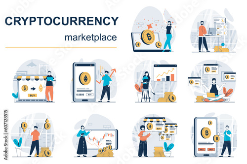 Cryptocurrency marketplace concept with character situations mega set. Bundle of scenes people analysing financial trends on exchange, buy or sell bitcoins. Vector illustrations in flat web design